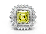 White gold Fancy Yellow Asscher  Halo Diamond Ring with Milgrain Edge and Round Prong Setting_89