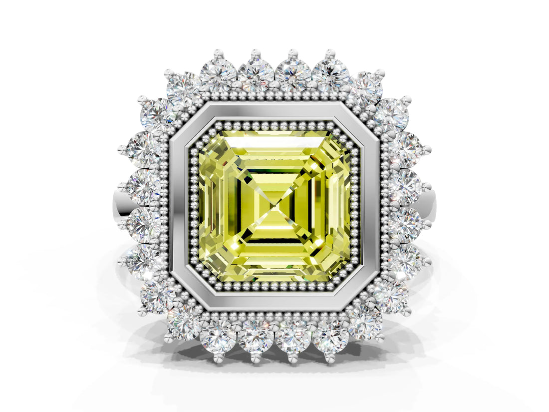 White gold Fancy Yellow Asscher  Halo Diamond Ring with Milgrain Edge and Round Prong Setting_89