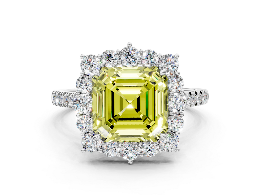 White gold Fancy Yellow Asscher  Halo Diamond Ring with Pavé Band and Prong Setting_16