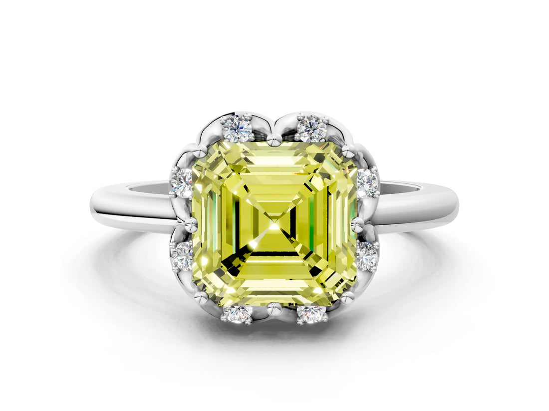 White gold Fancy Yellow Asscher  Halo Diamond Ring with Round Cluster Setting, Solitaire Band, and Four-Prong Setting_29