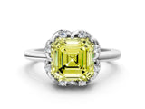White gold Fancy Yellow Asscher  Halo Diamond Ring with Round Cluster Setting, Solitaire Band, and Four-Prong Setting_29