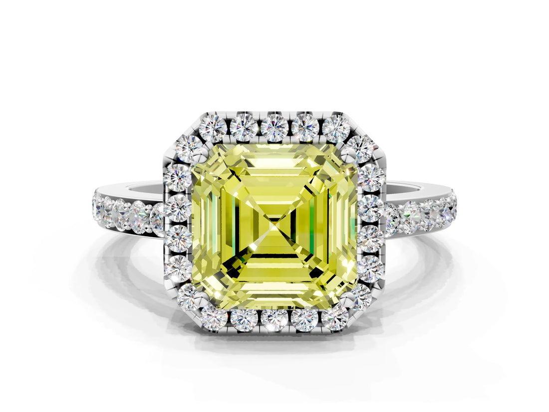 White gold Fancy Yellow Asscher  Halo Diamond Solitaire with Pavé Band and Four-Prong Setting_44
