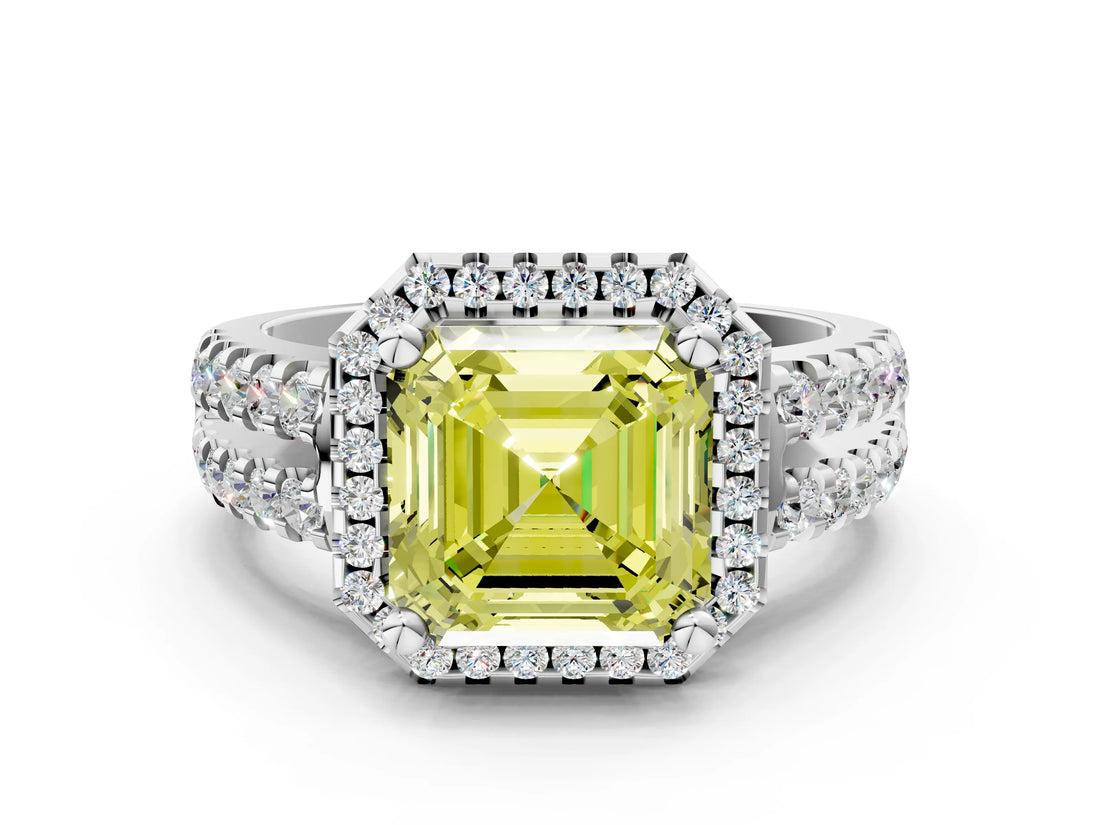 White gold Fancy Yellow Asscher  Halo Diamond Split Shank Engagement Ring with Prong Setting_93