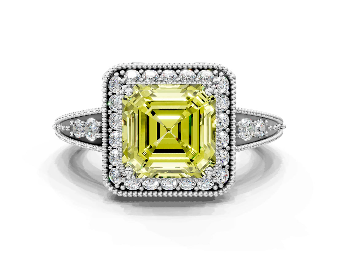 White gold Fancy Yellow Asscher  Halo Diamond Split Shank Ring with Milgrain Detail_30