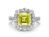 White gold Fancy Yellow Asscher  Halo Milgrain Pave Diamond Ring with Four-Prong Setting 1