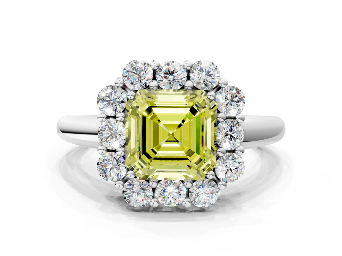 White gold Fancy Yellow Asscher  Halo Milgrain Solitaire with Bezel Set Side Stones and Pave Band_32