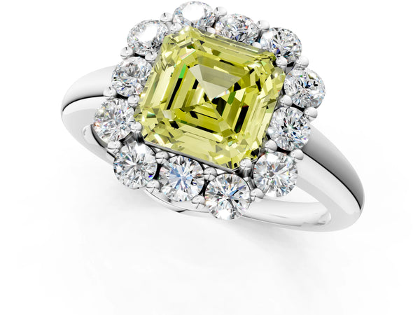 Platinum Asscher Cut Graduated Milgrain Halo Engagement Ring Setting for Fancy Yellow Center