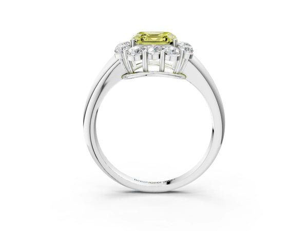 Platinum Asscher Cut Graduated Milgrain Halo Engagement Ring Setting for Fancy Yellow Center