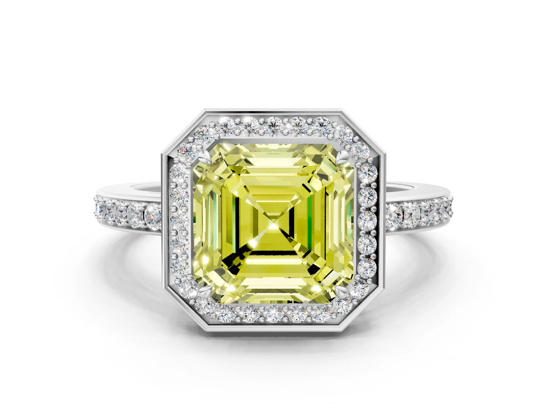 White gold Fancy Yellow Asscher  Halo Pave Band Solitaire Ring with Prong Setting_45
