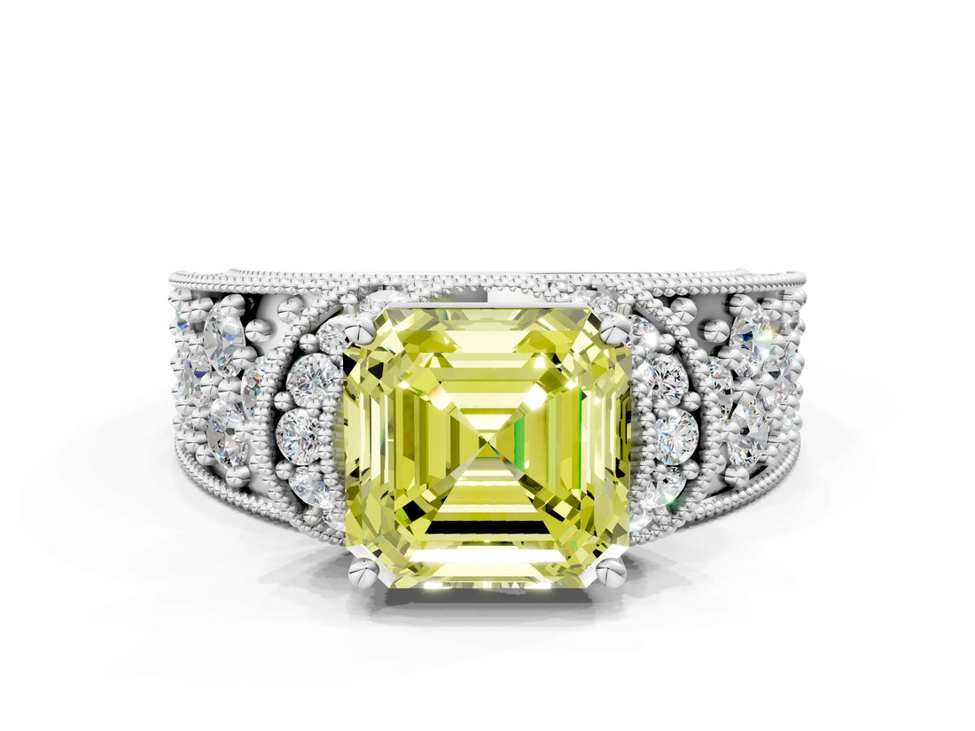 White gold Fancy Yellow Asscher  Halo Pave Diamond Engagement Ring with Milgrain Detailing_46
