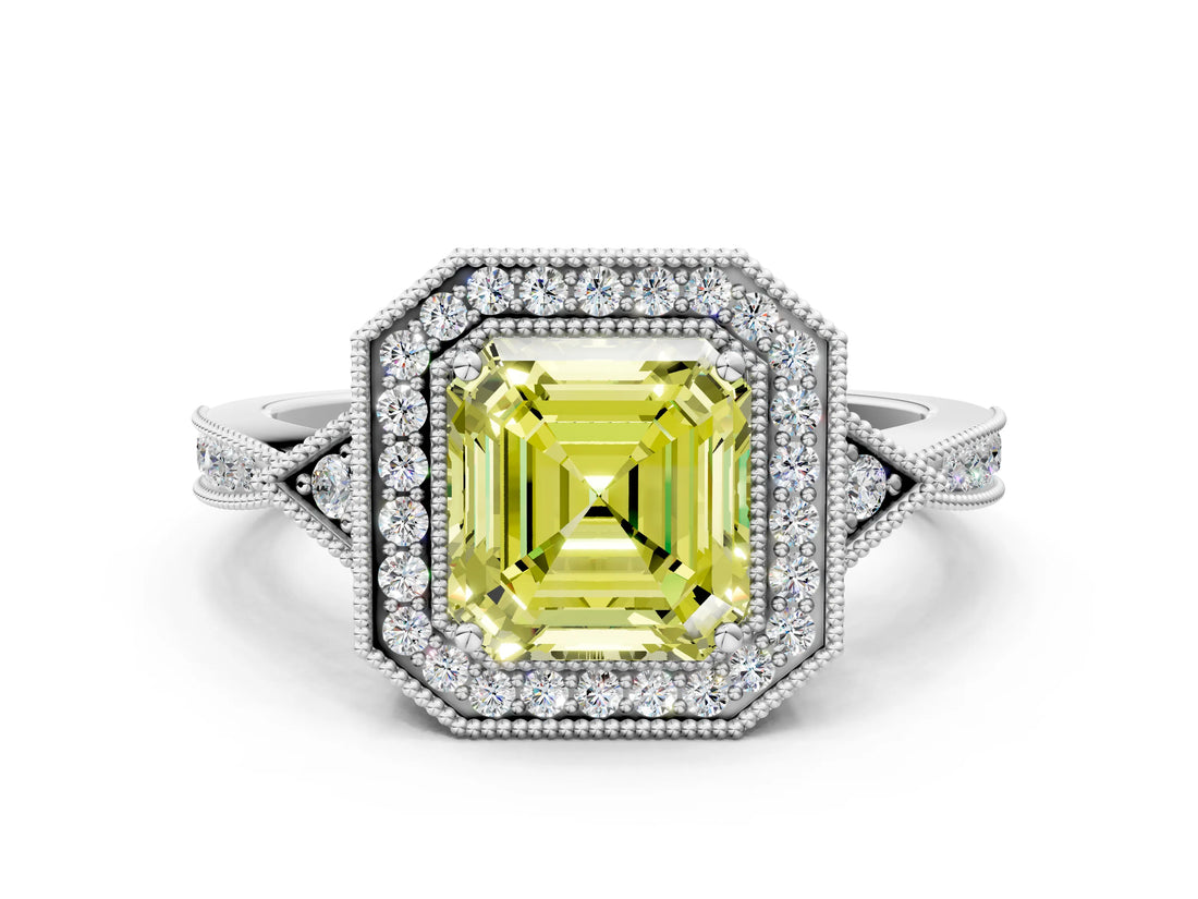 White gold Fancy Yellow Asscher  Halo Round Diamond Milgrain Pave Engagement Ring_3