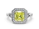 White gold Fancy Yellow Asscher  Halo Round Diamond Milgrain Pave Engagement Ring_3