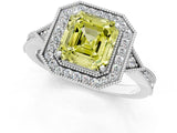 White gold Fancy Yellow Asscher  Halo Round Diamond Milgrain Pave Engagement Ring_4
