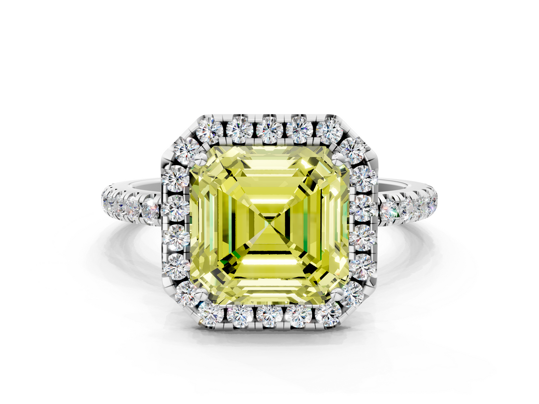 White gold Fancy Yellow Asscher  Halo Round Diamond Pavé Band Four-Prong Ring_3
