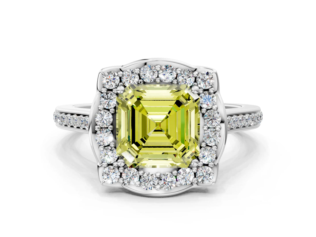 White gold Fancy Yellow Asscher  Halo Round Diamond Pave Band with Four-Prong Setting_91