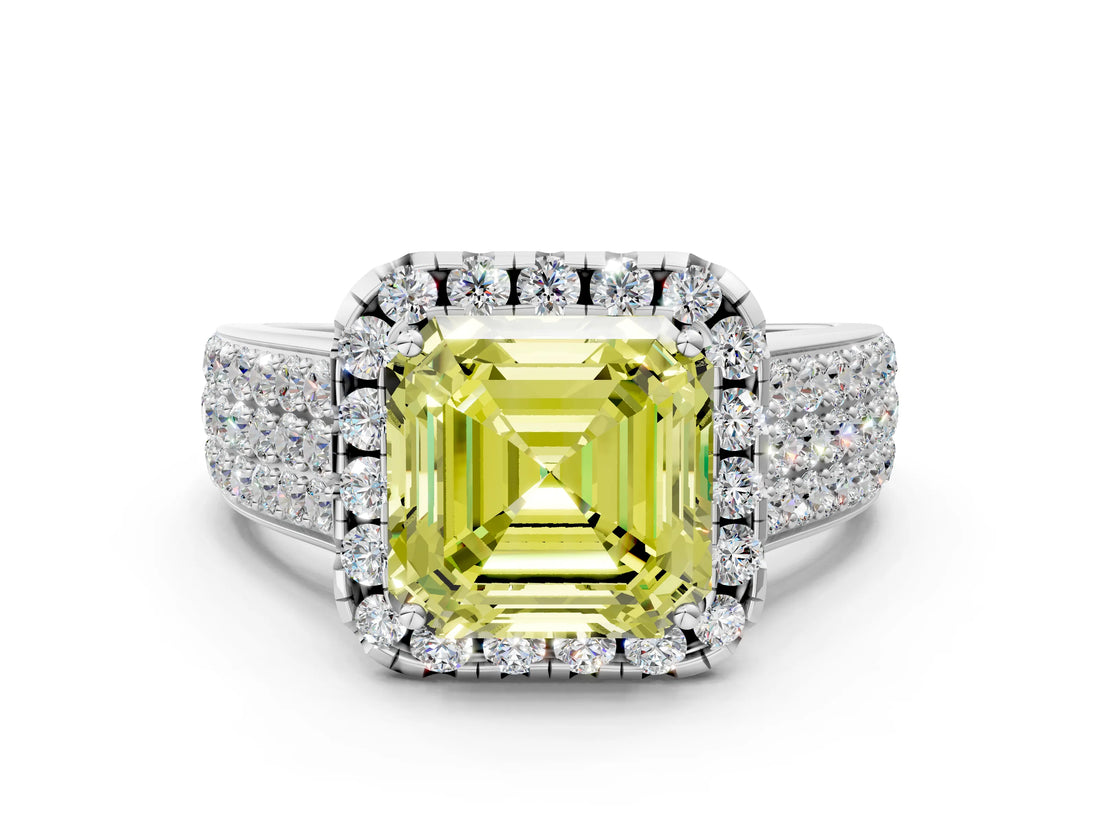 White gold Fancy Yellow Asscher  Halo Round Diamond Pave Band with Prong Setting_24
