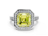 White gold Fancy Yellow Asscher  Halo Solitaire Diamond Ring with Pave Band and Bezel Setting_45