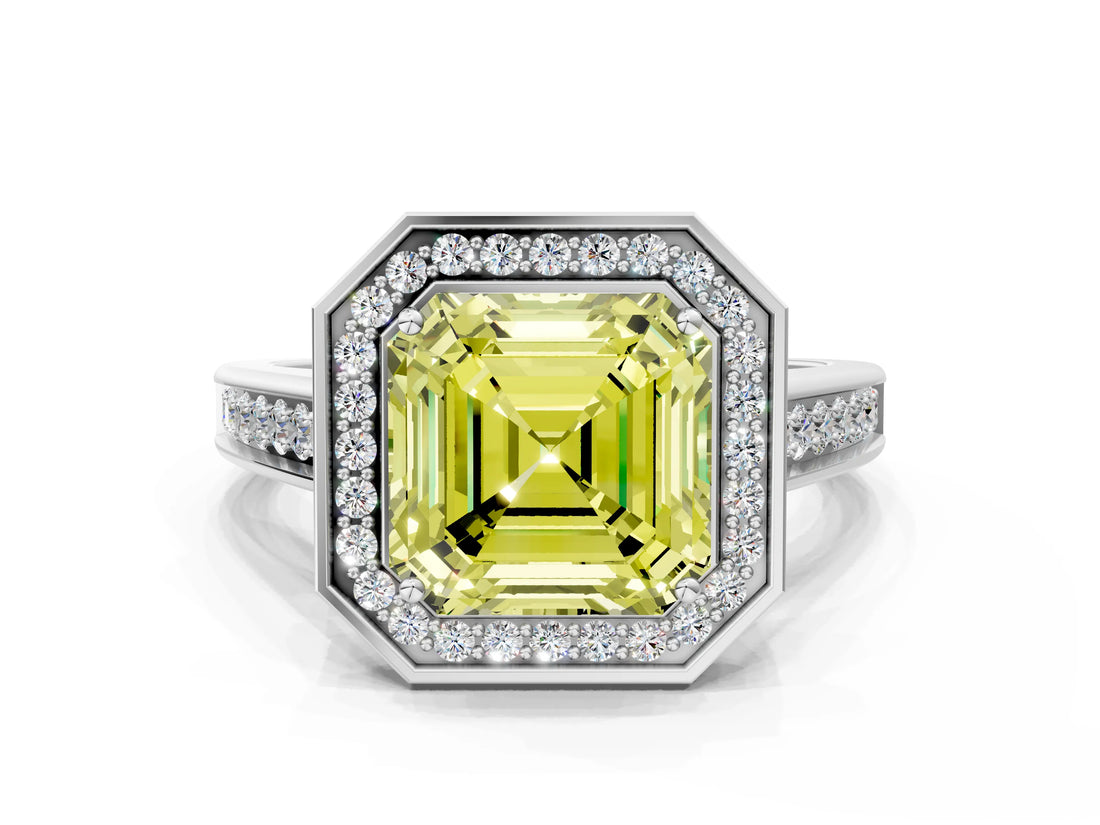 White gold Fancy Yellow Asscher  Halo Solitaire Diamond Ring with Pave Band and Bezel Setting_45