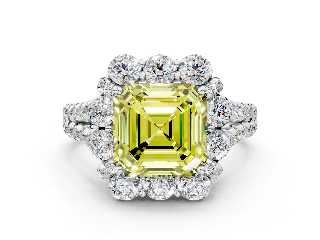 White gold Fancy Yellow Asscher  Halo Split Shank Diamond Engagement Ring with Pave Band and Four-Prong Setting_17