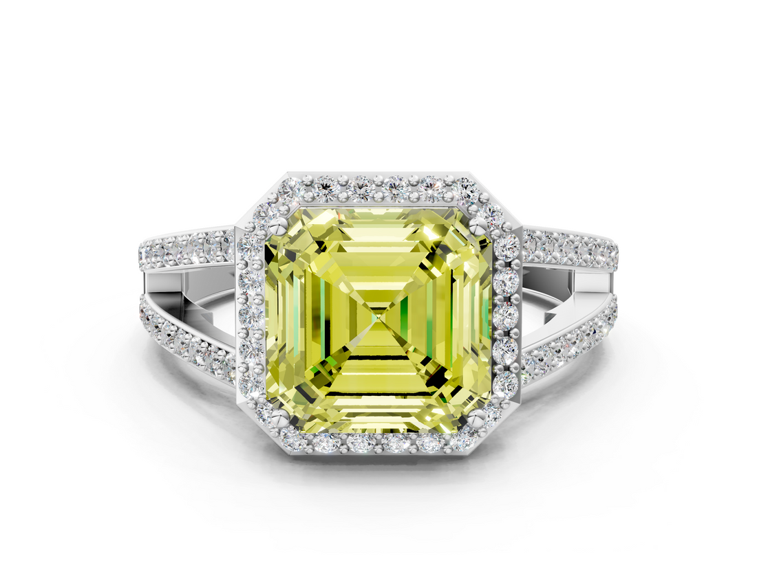 White gold Fancy Yellow Asscher  Halo Split Shank Diamond Ring with Four-Prong Setting_16