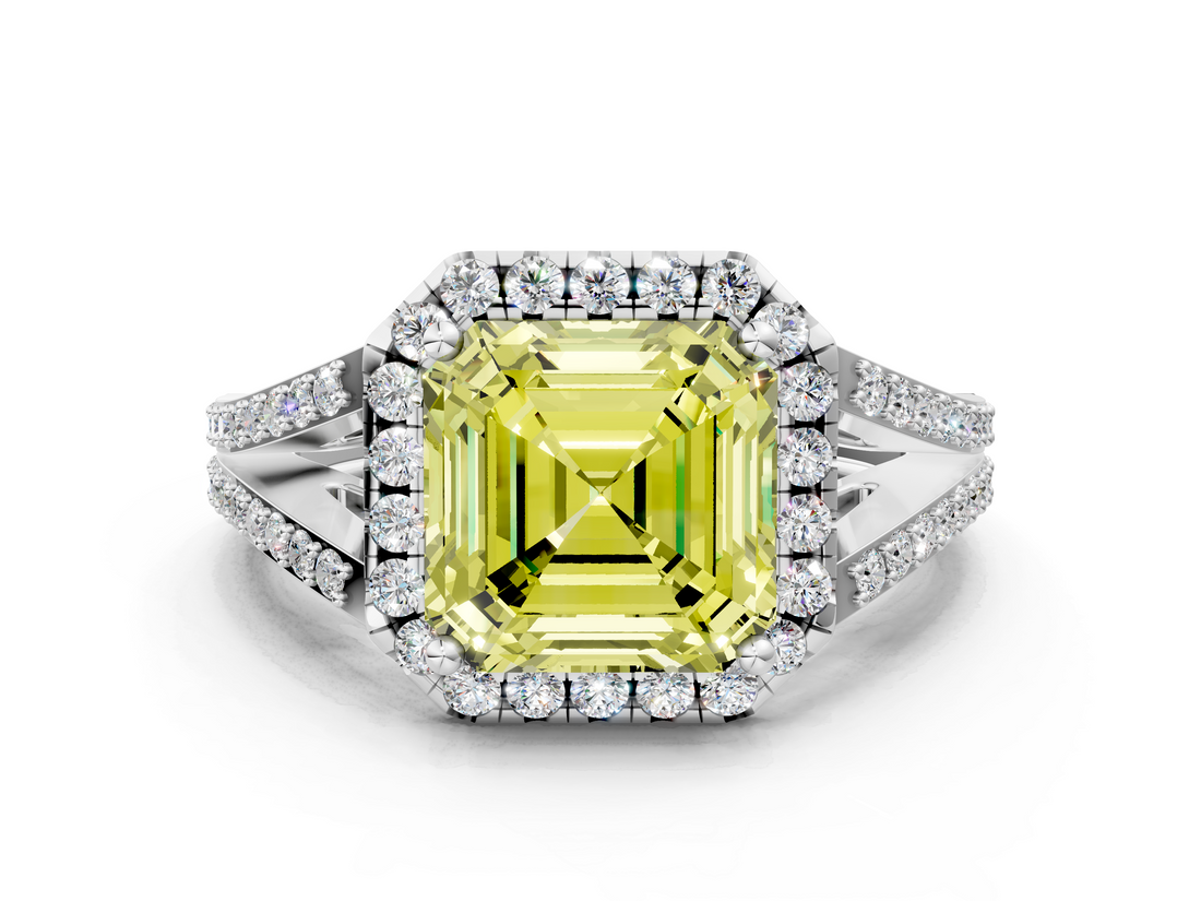 White gold Fancy Yellow Asscher  Halo Split Shank Diamond Ring with Prong Setting