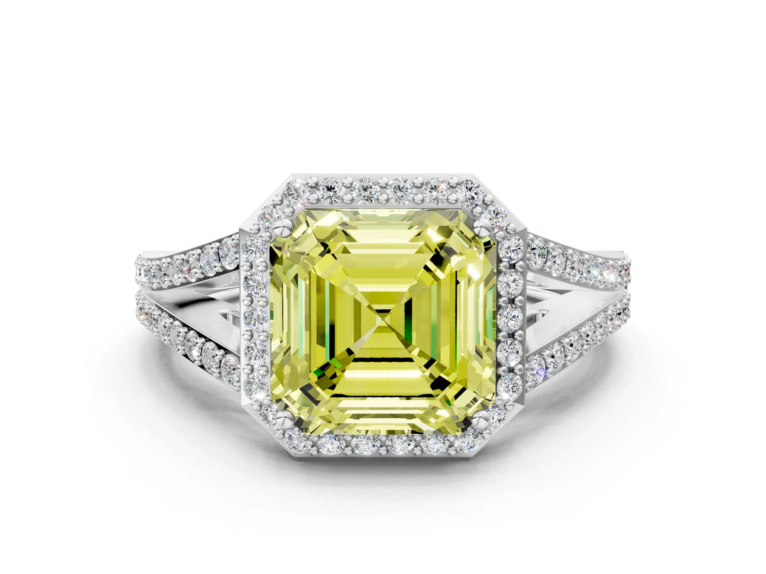 White gold Fancy Yellow Asscher  Halo Split Shank Pave Diamond Ring with Four-Prong Setting_64