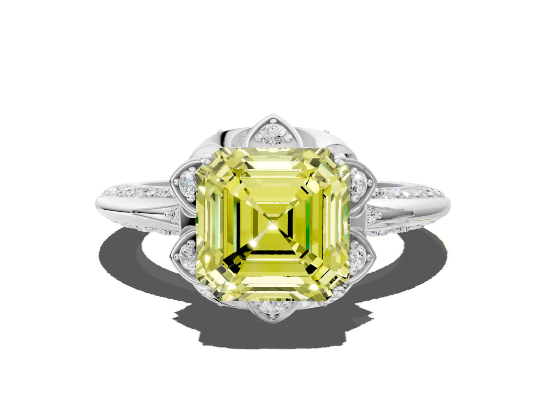 White gold Fancy Yellow Asscher  Halo Split Shank Pave Diamond Ring with Petal Prong Setting_32