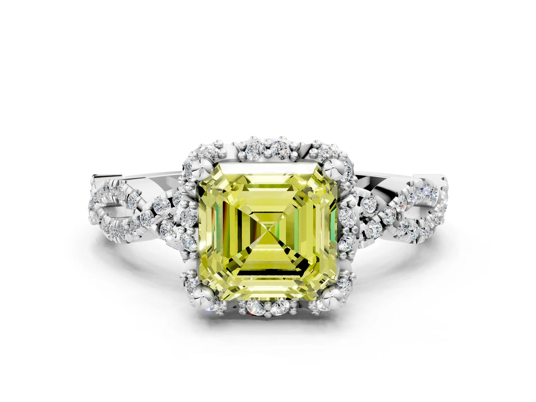 White gold Fancy Yellow Asscher  Halo Twist Band Solitaire Ring with Six-Prong Setting_32