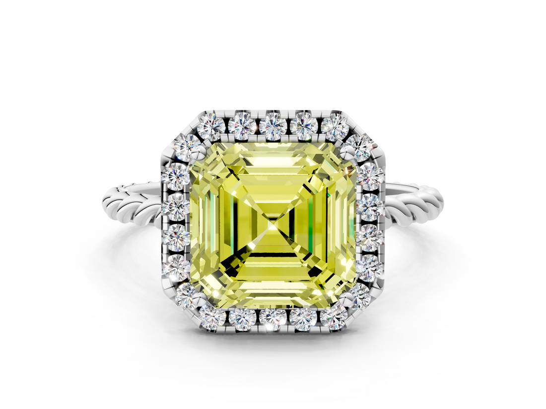 White gold Fancy Yellow Asscher  Halo Twisted Band Four-Prong Diamond Ring