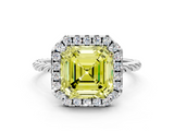 White gold Fancy Yellow Asscher  Halo Twisted Band Four-Prong Diamond Ring