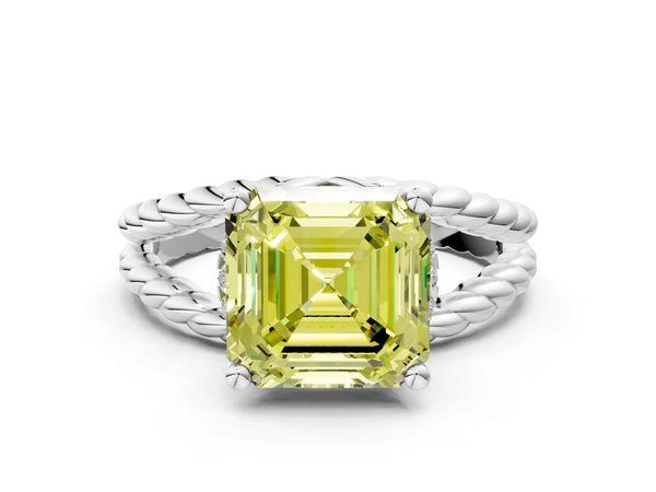 Platinum Asscher Cut Engagement Ring Setting for Fancy Yellow Center with Rope Split Shank