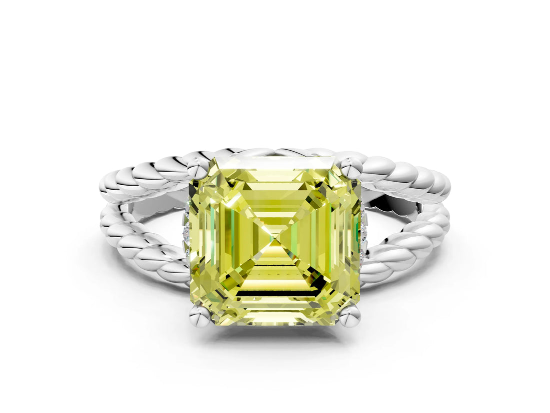 White gold Fancy Yellow Asscher  Halo Twisted Band Four-Prong Ring_32