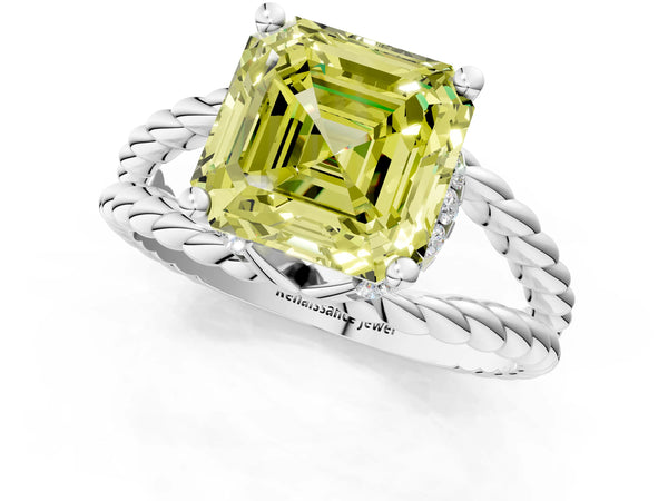 Platinum Asscher Cut Engagement Ring Setting for Fancy Yellow Center with Rope Split Shank
