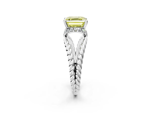 Platinum Asscher Cut Engagement Ring Setting for Fancy Yellow Center with Rope Split Shank