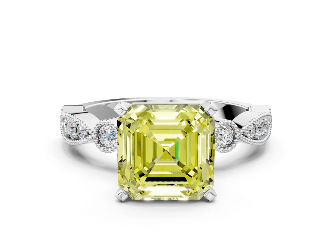 White gold Fancy Yellow Asscher  Milgrain Bezel Diamond Engagement Ring with Solitaire Prong Setting_29