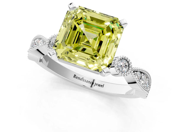 Platinum Asscher Cut Milgrain Bezel Engagement Ring Setting for Fancy Yellow Center