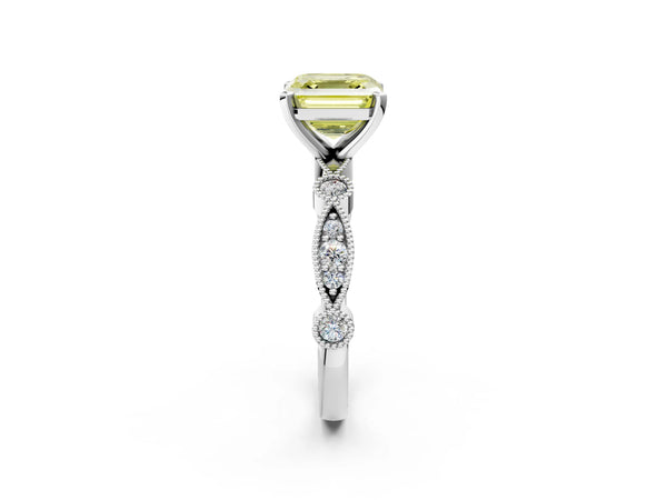 Platinum Asscher Cut Milgrain Bezel Engagement Ring Setting for Fancy Yellow Center