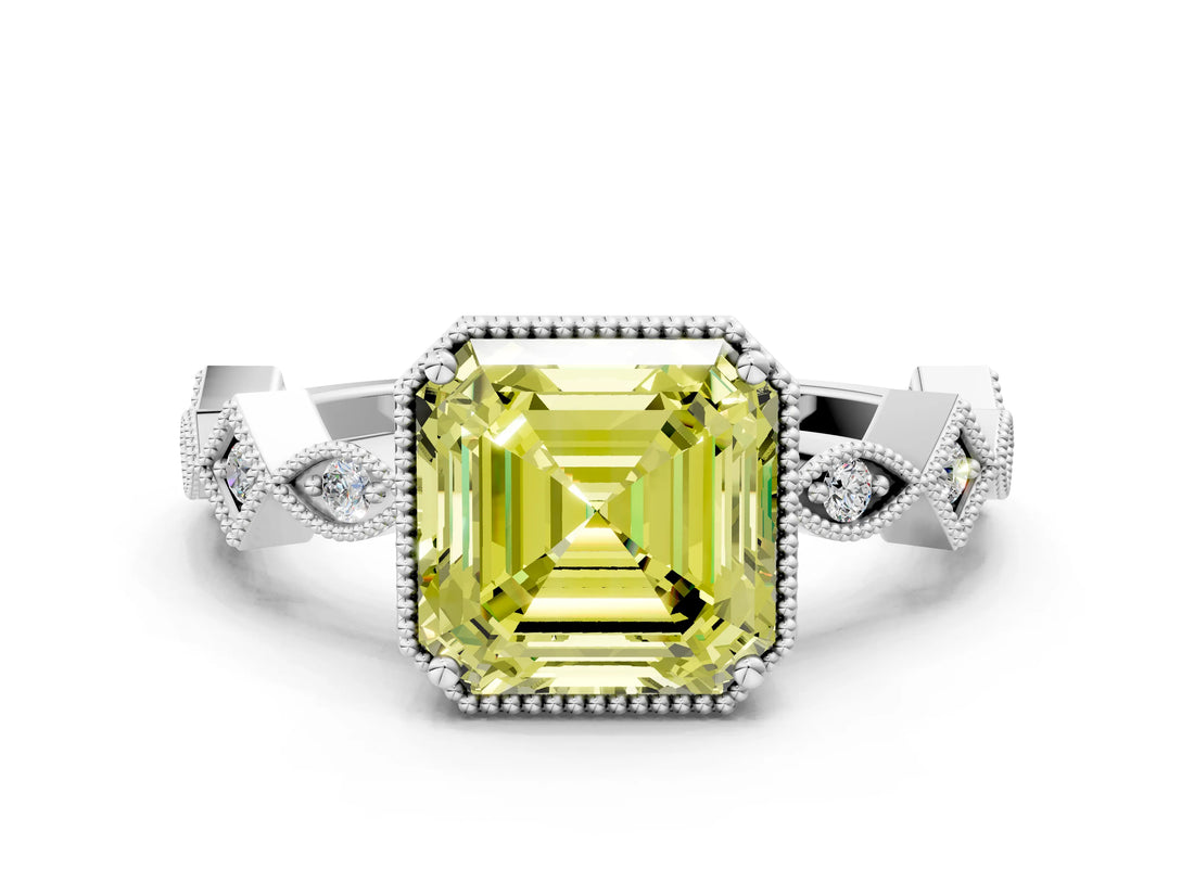 White gold Fancy Yellow Asscher  Milgrain Marquise Diamond Twist Band Ring_57