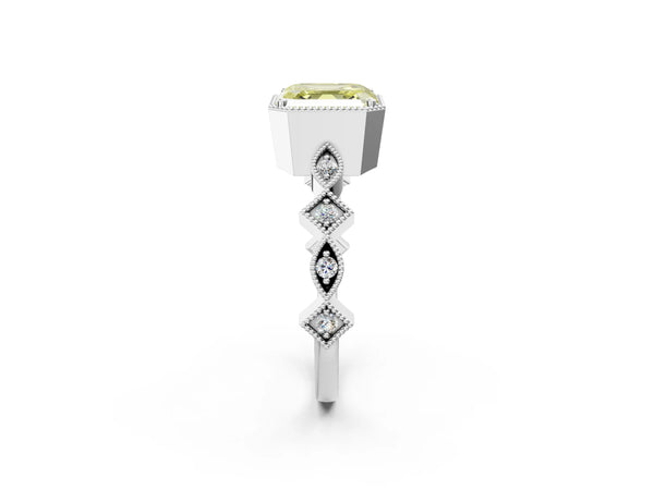 Platinum Asscher Cut Milgrain Bezel Engagement Ring Setting for Fancy Yellow Center with Station Band