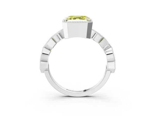 Platinum Asscher Cut Milgrain Bezel Engagement Ring Setting for Fancy Yellow Center with Station Band