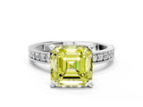 White gold Fancy Yellow Asscher  Milgrain Pave Diamond Engagement Ring with Four-Prong Setting