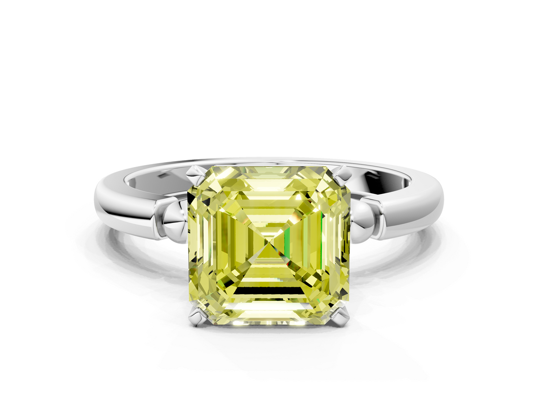White gold Fancy Yellow Asscher  Solitaire Beaded Band with Four-Prong Setting