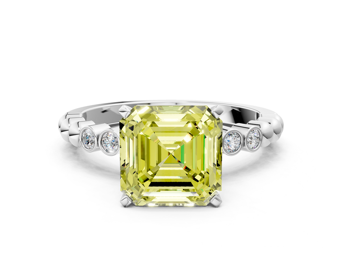 White gold Fancy Yellow Asscher  Solitaire Bezel Accent Diamond Engagement Ring with Beaded Band and Four-Prong Setting