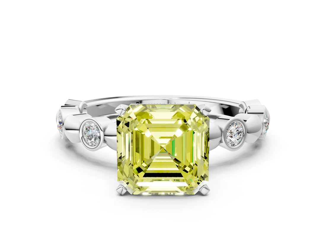 White gold Fancy Yellow Asscher  Solitaire Bezel-Set Diamond Ring with Beaded Band and Four-Prong Setting_48