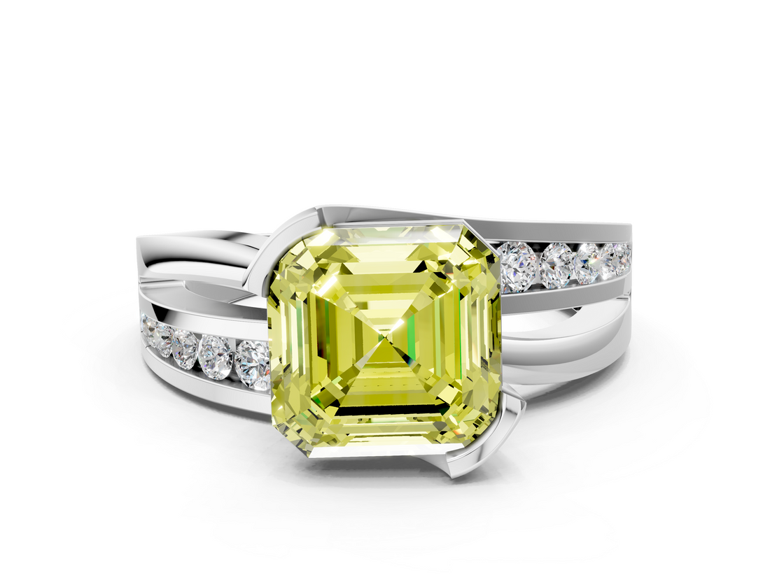 White gold Fancy Yellow Asscher  Solitaire Channel-Set Split Shank Ring with Tension Prong Setting_3