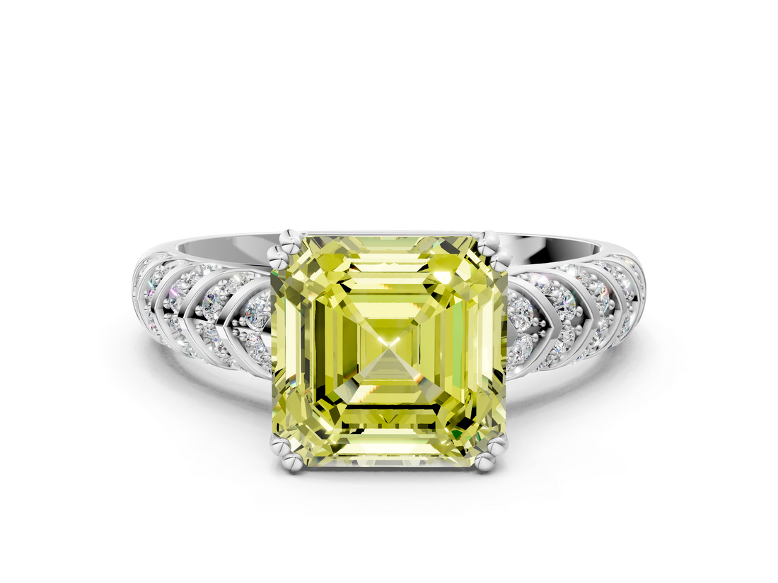 White gold Fancy Yellow Asscher  Solitaire Chevron Pave Diamond Engagement Ring with Six-Prong Setting_3
