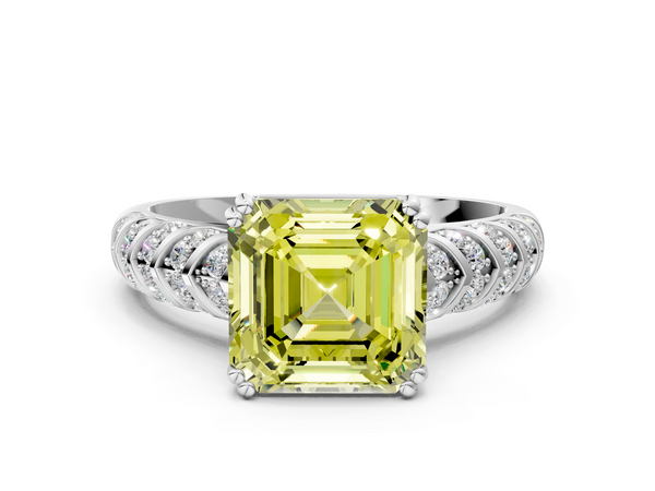 White Gold Asscher Cut Chevron Pave Solitaire Engagement Ring Setting for Fancy Yellow Center