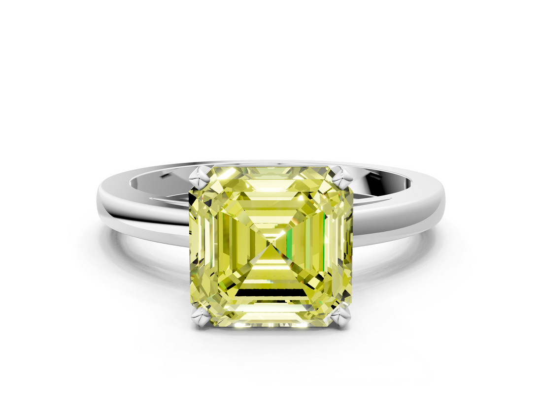 White gold Fancy Yellow Asscher  Solitaire Diamond Engagement Ring with Four-Prong Setting on a Classic Band_20