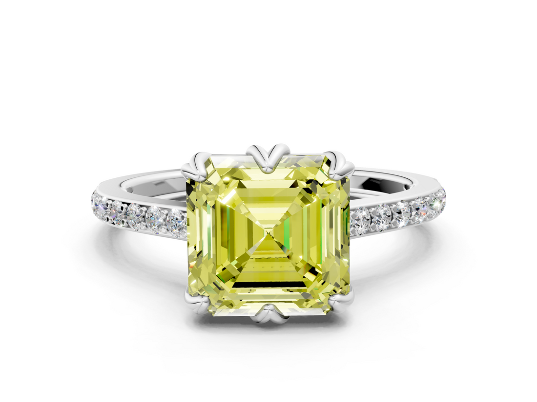 White gold Fancy Yellow Asscher  Solitaire Diamond Engagement Ring with Pave Band and Six-Prong Setting