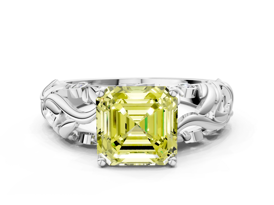 White gold Fancy Yellow Asscher  Solitaire Diamond Leaf Vine Band with Prong Setting_16